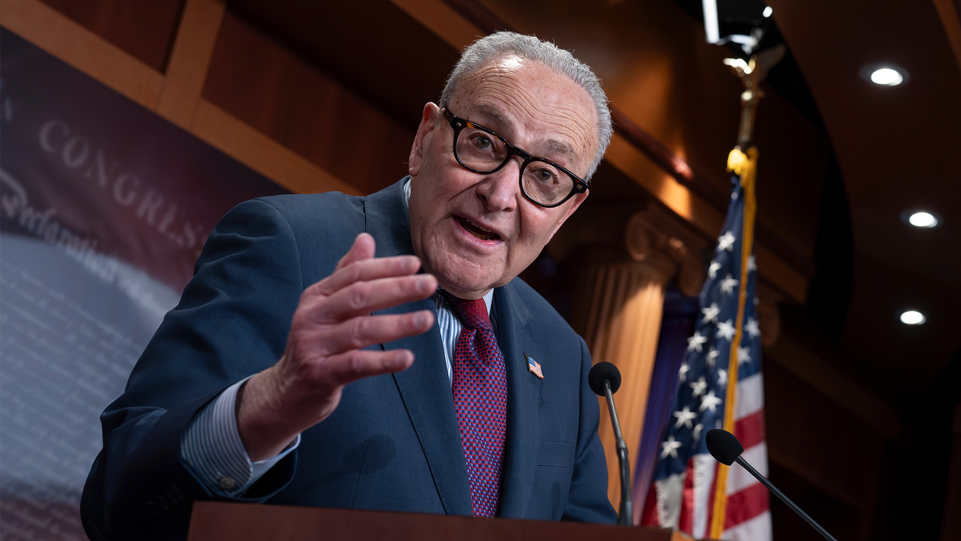 Senate Minority Leader Chuck Schumer, D-N.Y., speaks to reporters at the Capitol in Washington, Thursday, Feb. 12, 2026.
