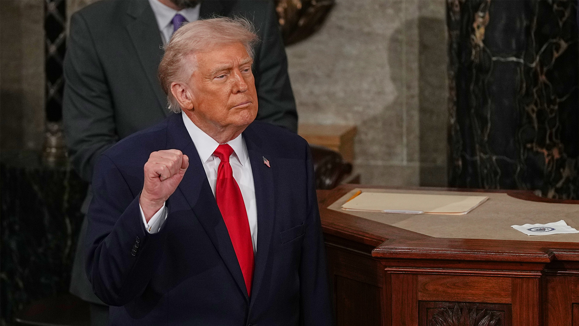 President Donald Trump gestures after delivering the State of the Union address in the House chamber at the U.S. Capitol in Washington, Tuesday, Feb. 24, 2026.