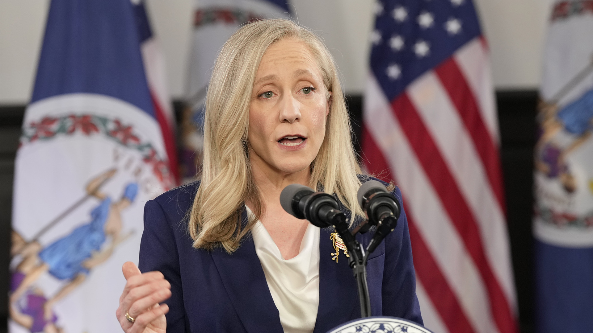 Virginia Gov. Abigail Spanberger delivers the Democratic response to President Donald Trump's State of the Union address Tuesday, Feb. 24, 2026, in Williamsburg, Va.