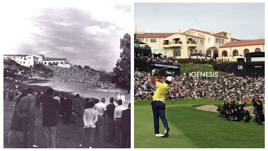A look at the finishing 18th hole at The Riviera Country Club in 1945, when Sam Snead was victorious, compared to 2024, when Hideki Matsuyama won. (left, TGR Foundation; right, Getty Images)