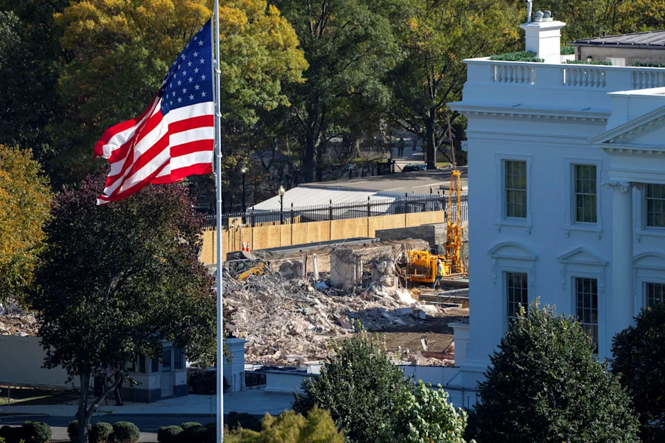 The demolition of the East Wing of the White House, the location of President Donald Trump's proposed ballroom is seen from an elevated position on the North side of the White House in Washington, D.C., U.S., October 23, 2025.