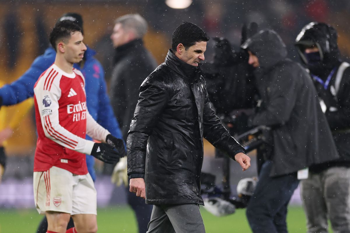 Mikel Arteta, Manager of Arsenal looks on after the Premier League match between Wolverhampton Wanderers and Arsenal at Molineux on February 18, 2026 in Wolverhampton, England