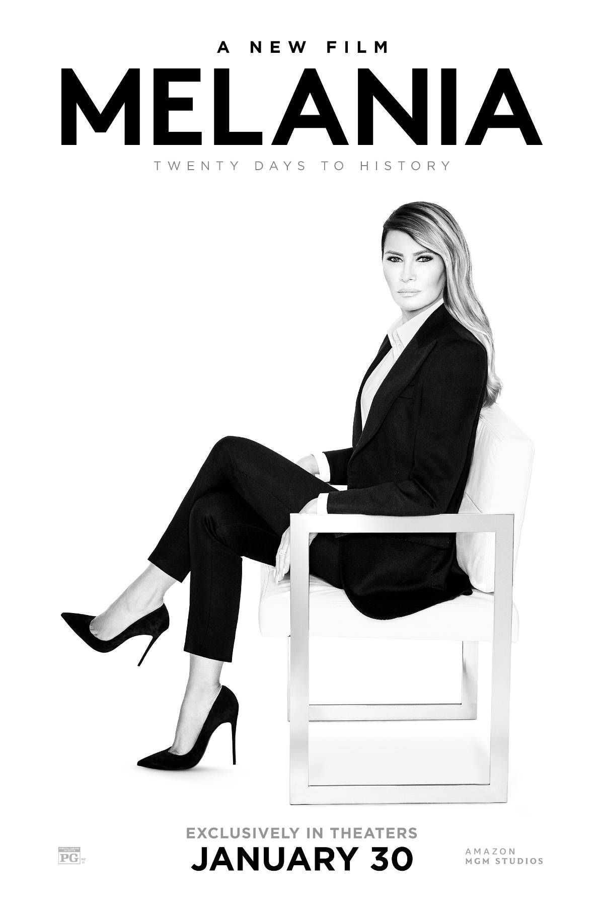 A monochromatic cover image featuring a woman dressed in a formal business suit, seated on a white chair with a poised demeanor, accompanied by the text "MELANIA" prominently displayed at the top.