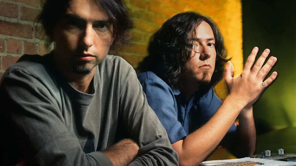Lead singer and guitarist Damon Johnson and guitarist David Anderson of American rock band Brother Cane pose for a portrait on August 3, 1995 in New York City, New York. Karjean Levine&sol;Getty Images