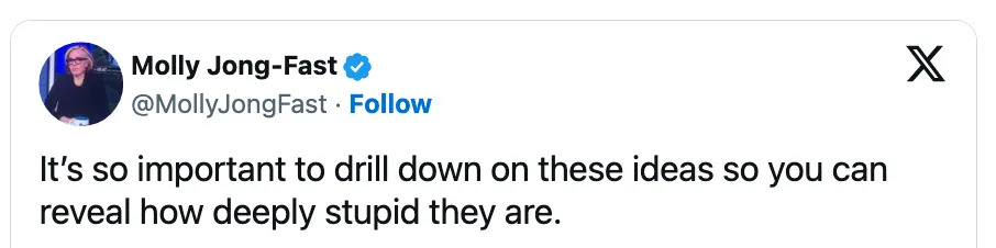 Tweet by Molly Jong-Fast: "It's so important to drill down on these ideas so you can reveal how deeply stupid they are."