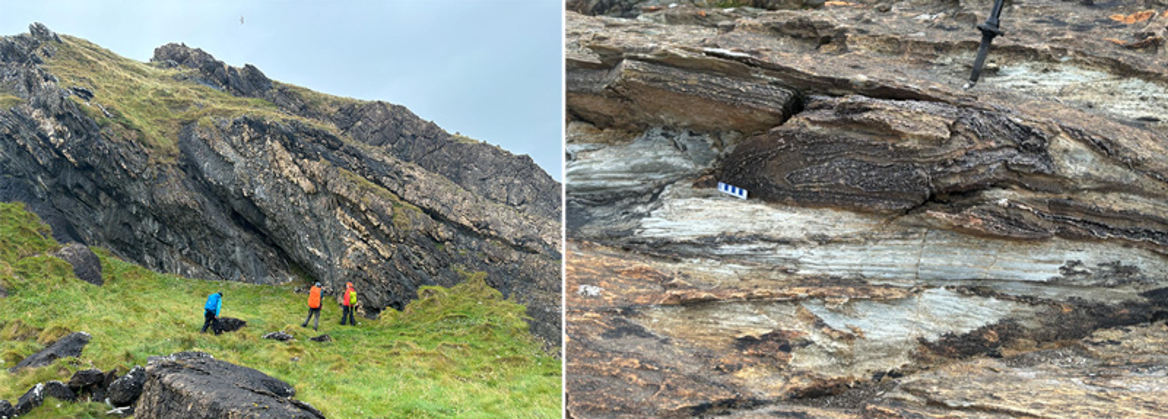 Photo split: left shows people hiking rocky hills, right shows a close-up of layered rock formation with scale tool.