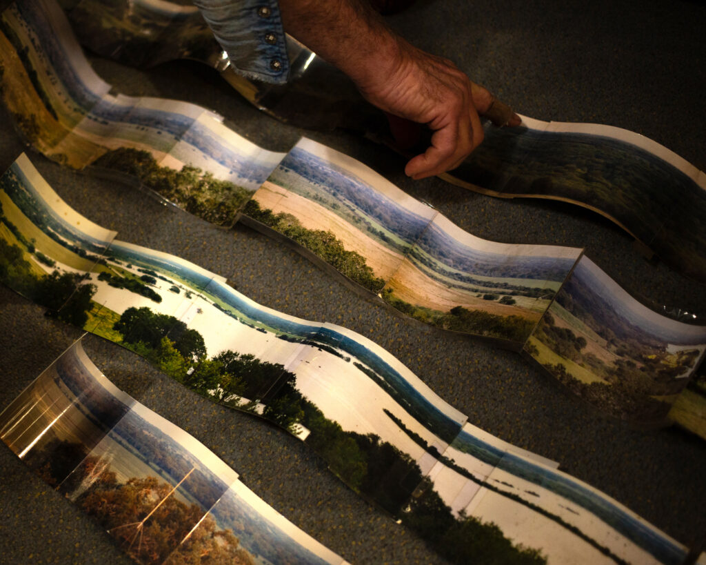 Blake Muir taped together photographs to create panoramic images of the flooded Guadalupe River. Credit: Dylan Baddour/Inside Climate News