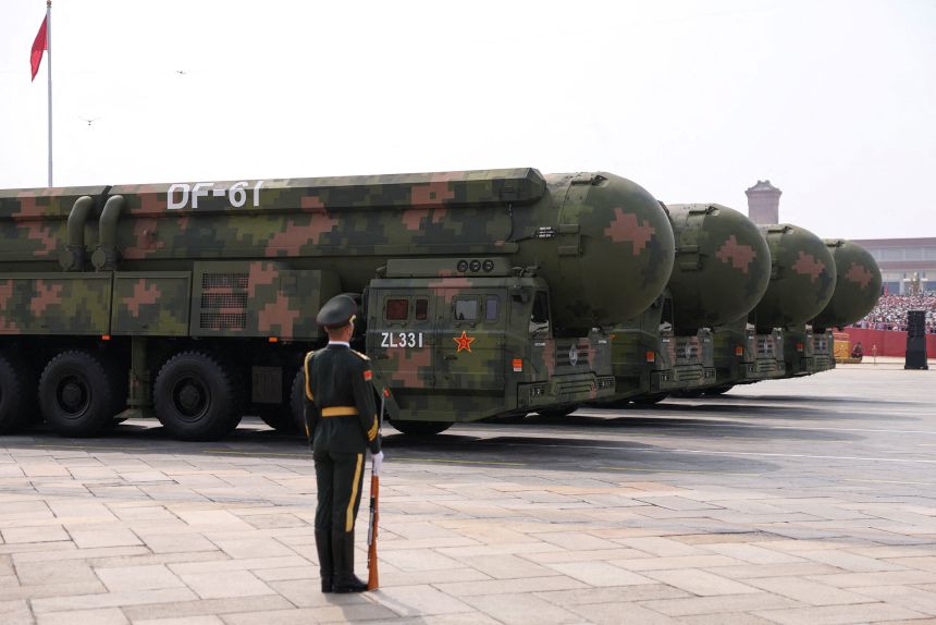 A member of the People's Liberation Army stands as the strategic strike group displays DF-61 nuclear missiles during a military parade to mark the 80th anniversary of the end of World War Two, in Beijing, China, on September 3, 2025.