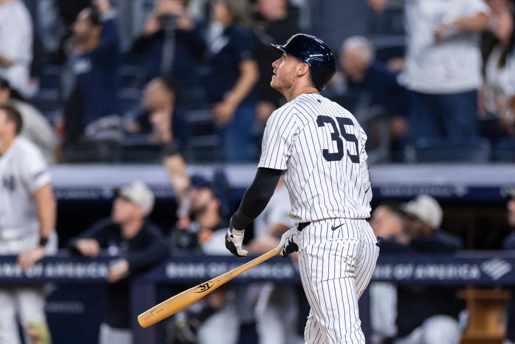 Cody Bellinger #35 of the New York Yankees hits a grand slam in the eighth inning at Yankee Stadium, Sunday, May 18, 2025, in Bronx, NY.
