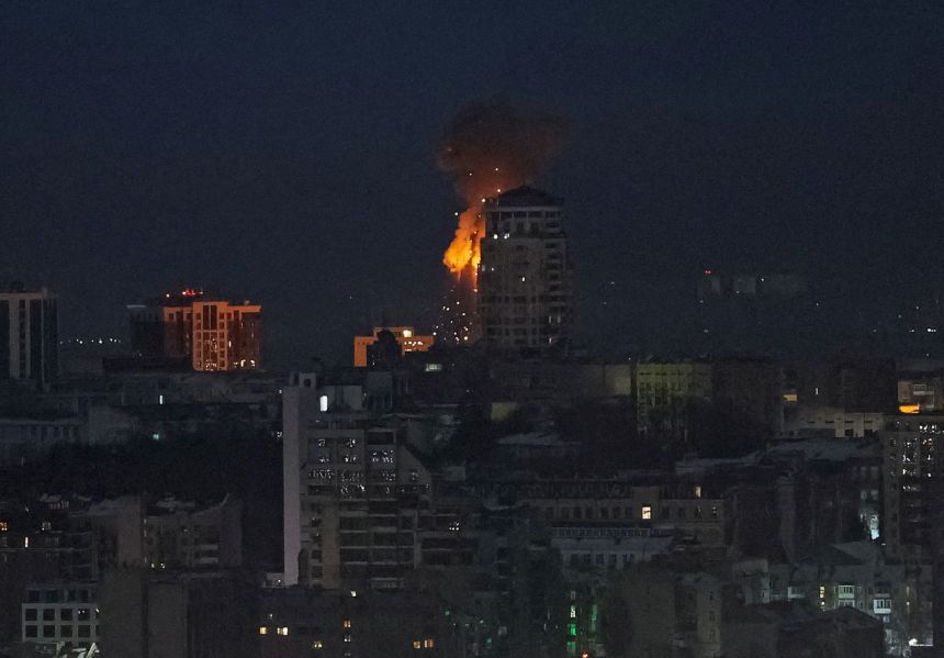 A drone hits an apartment building during a Russian missile and drone strike, amid Russia's attack on Ukraine, in Kyiv, Ukraine, on February 3, 2026.