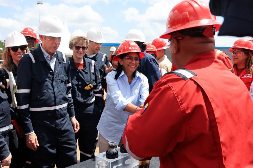 Venezuela's acting President Delcy Rodríguez, US Energy Secretary Chris Wright and US Charge d'Affaires for Venezuela Laura Dogu visit oil production facilities at the joint venture between Chevron and state oil company PDVSA in the Orinoco Oil Belt, Venezuela February 12, 2026.