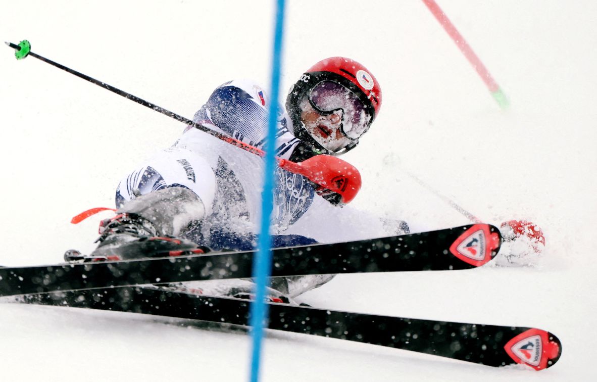 Marek Muller of the Czech Republic falls during an alpine skiing slalom run on February 16.