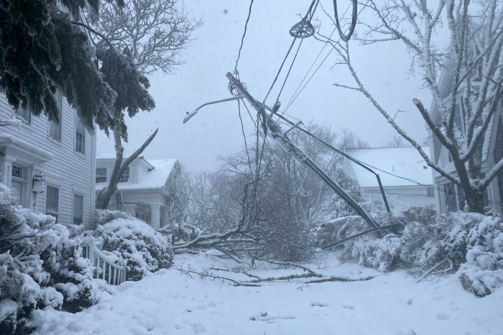 Snow covers the ground as a power pole is suspended after lines were pulled down by a fallen tree during a winter storm in...