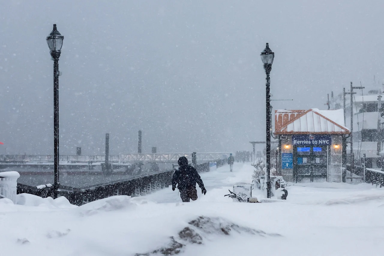 People wade through snow to get the ferry during a winter storm in Hoboken, N.J., on Feb 23.