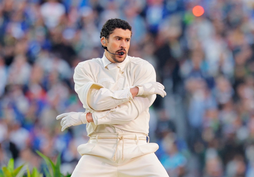 Bad Bunny performing at the Super Bowl LX Half-Time Show.