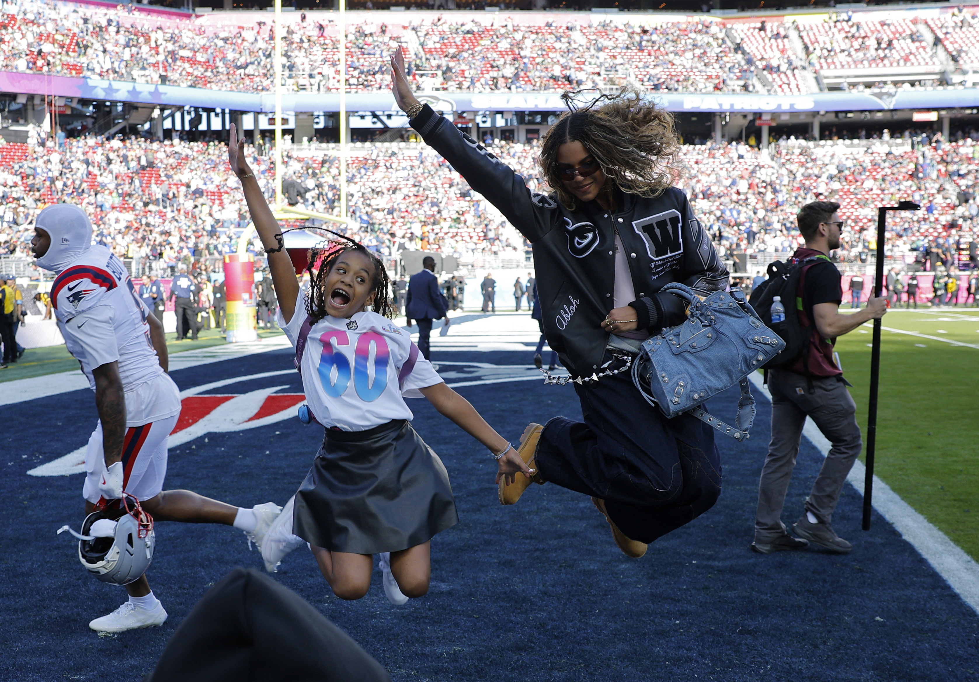 Rumi and Blue Ivy Carter on the field prior to Super Bowl LX between the New England Patriots and the Seattle Seahawks at Levi's Stadium on February 08, 2026 in Santa Clara, California.