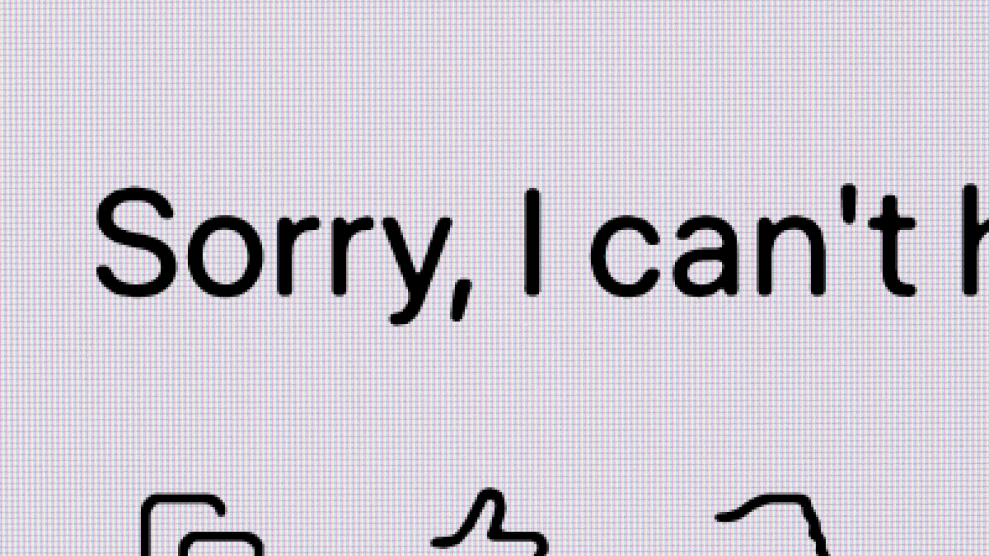 A close-up of a digital screen displaying the text "Sorry, I can't h" in a bold, sans-serif font. Below the text, several dark, line-drawn icons are partially visible against a light, pixelated background.