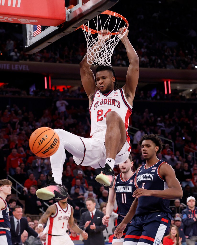 St. John's Red Storm forward Zuby Ejiofor (24) slams the ball during the second half when the St. John's Red Storm played the UConn Huskies Friday, February 6, 2026 at Madison Square Garden in Manhattan, NY.