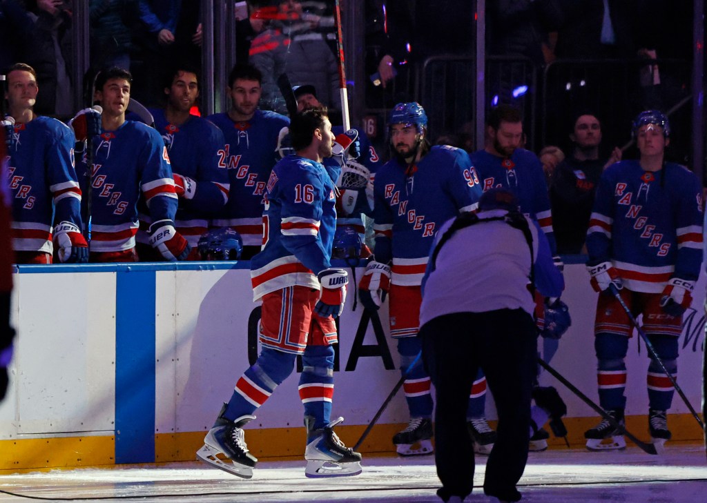 New York Rangers center Vincent Trocheck (16) is greeted by the fans as the New York Rangers honor him along with New York Rangers center J.T. Miller (8) and New York Rangers head coach Mike Sullivan after winning Olympic gold with Team USA in a pre game ceremony when the New York Rangers played the Philadelphia Flyers Thursday, February 26, 2026 at Madison Square Garden in Manhattan, NY. 