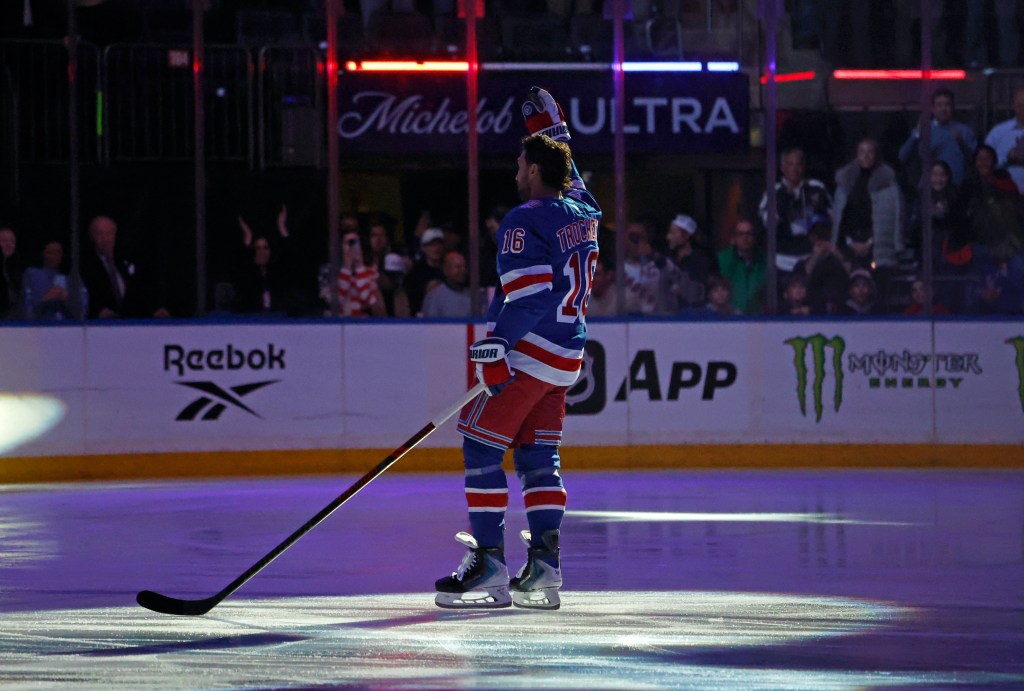 New York Rangers center Vincent Trocheck (16) is greeted by the fans as the New York Rangers honor him along with New York Rangers center J.T. Miller (8) and New York Rangers head coach Mike Sullivan after winning Olympic gold with Team USA in a pre game ceremony when the New York Rangers played the Philadelphia Flyers Thursday, February 26, 2026 at Madison Square Garden on Feb, 26, 2026.