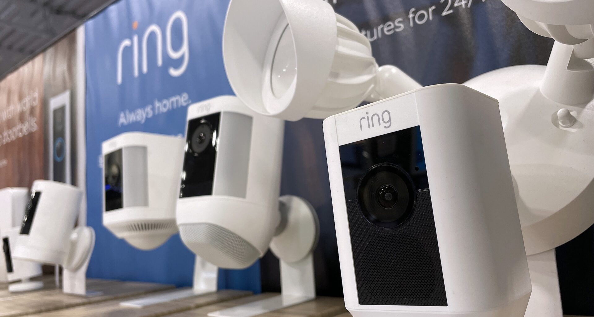 Ring security cameras are displayed on a shelf at a Best Buy store on June 1, 2023 in San Rafael, California.