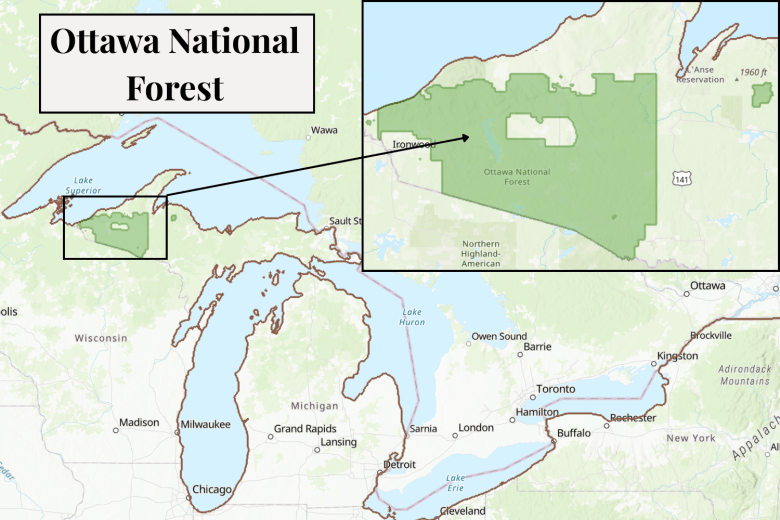 A map showing the location of the Ottawa National Forest