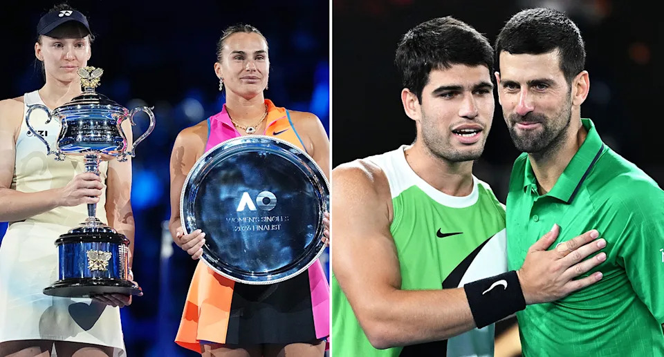 Aryna Sabalenka (L image, right side) has joined a growing list of players, including Carlos Alcaraz (R image, left) to withdraw from a tournament after the Australian Open. Pic: Getty