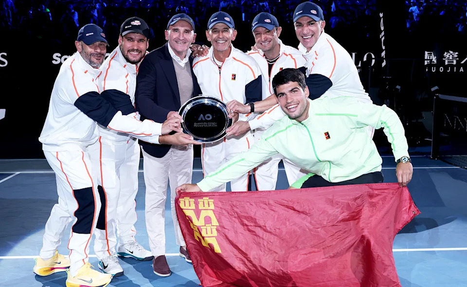 Carlos Alcaraz and his team, pictured here after winning the Australian Open.