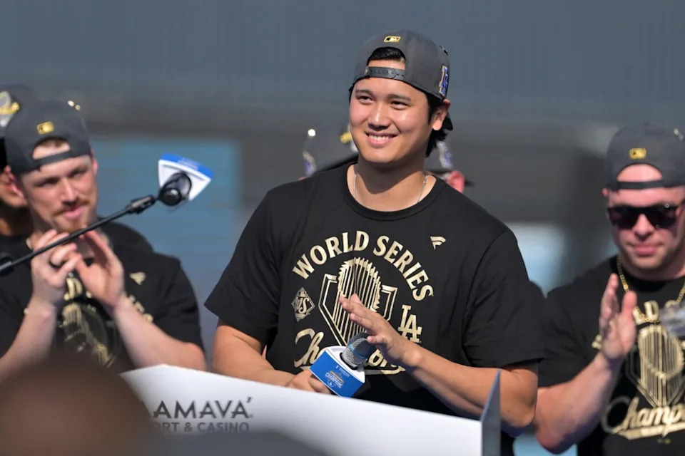 Nov 3, 2025; Los Angeles, CA, USA; Los Angeles Dodgers designated hitter Shohei Ohtani (17) during the World Series celebration at <a href="https://dodgersnation.com/dodger-stadium/" rel="nofollow noopener" target="_blank" data-ylk="slk:Dodger Stadium;elm:context_link;itc:0;sec:content-canvas" class="link ">Dodger Stadium</a>. Mandatory Credit: Jayne Kamin-Oncea-Imagn Images