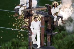 SANTA CLARA, CALIFORNIA - FEBRUARY 08: Bad Bunny performs onstage during the Apple Music Super Bowl LX Halftime Show at Levi's Stadium on February 08, 2026 in Santa Clara, California.