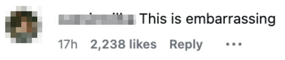 Comment on a social media post by user cassiewilka saying, "This is embarrassing," with 2,238 likes and replies