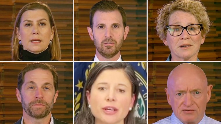 Clockwise from top left: Sen. Elissa Slotkin, Rep. Chris Deluzio, Rep. Chrissy Houlahan, Sen. Mark Kelly, Rep. Maggie Goodlander and Rep. Jason Crow.
