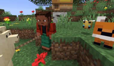 Noor is leashing a baby Llama in a Meadows biome. They are standing below a Birch tree with a Bee Hive. A baby Bee is flying around a baby Fox nearby.