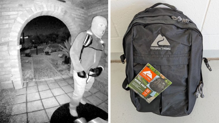 Images shared by FBI Phoenix on Feb. 12 show security footage of a masked man and a black Ozark Trail-brand backpack he was believed to be carrying.