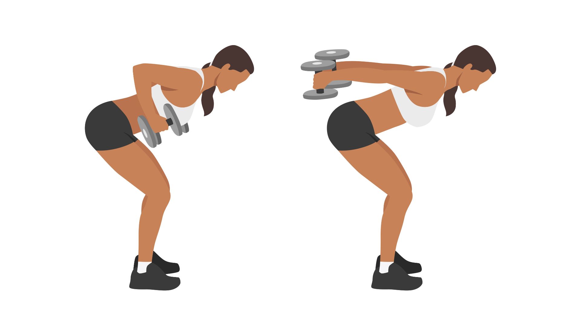 Illustration of a woman performing dumbbell tricep kickbacks, shown with bent arms in the starting position and straight arms in the finishing position.