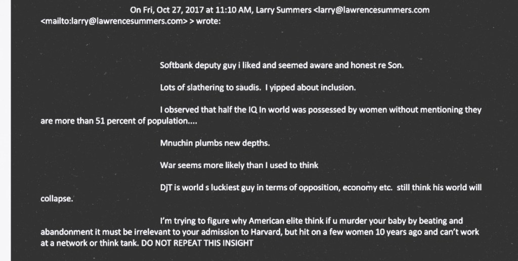 Screenshot of a 2017 email exchange that includes a message from Larry Summers stating that “half the IQ in world was possessed by women,” referencing women’s share of the global population.