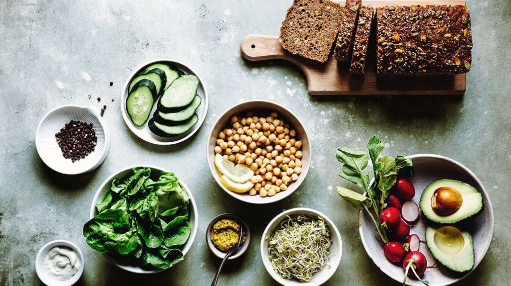 A plant-based spread of food, emphasizing high-fiber vegetables.