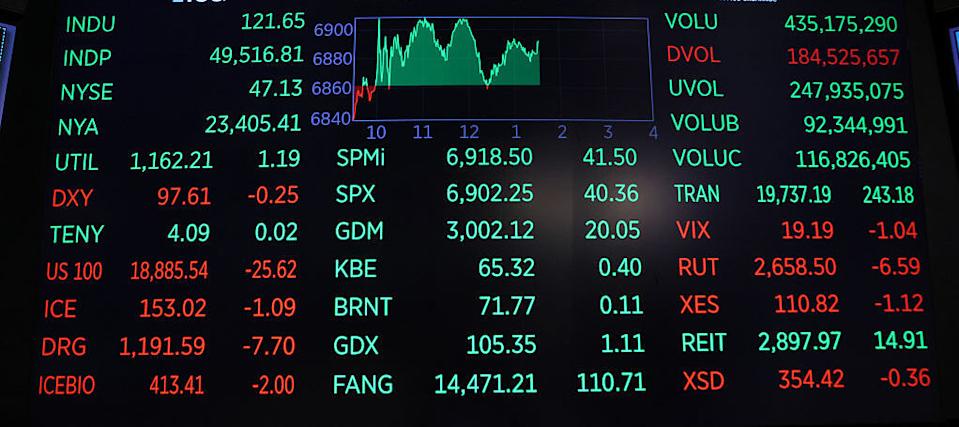 A press conference by U.S. President Donald Trump on tariffs is displayed on a television as traders work on the floor of the New York Stock Exchange during afternoon trading.