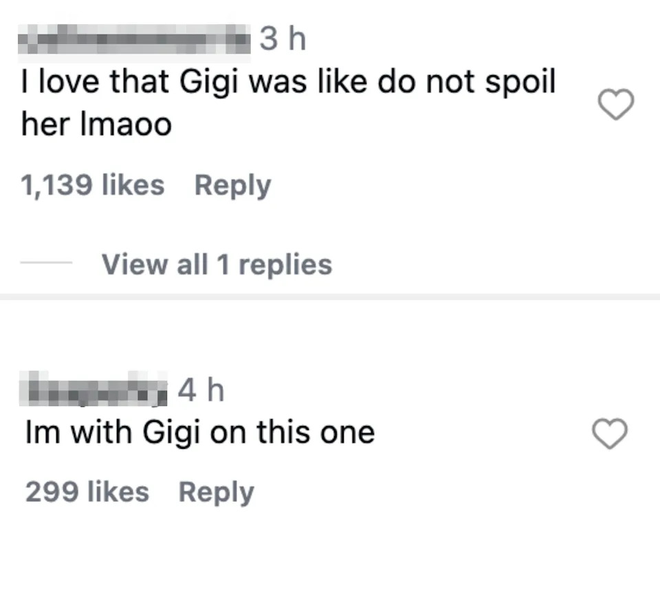 Instagram comments supporting Gigi's point of view