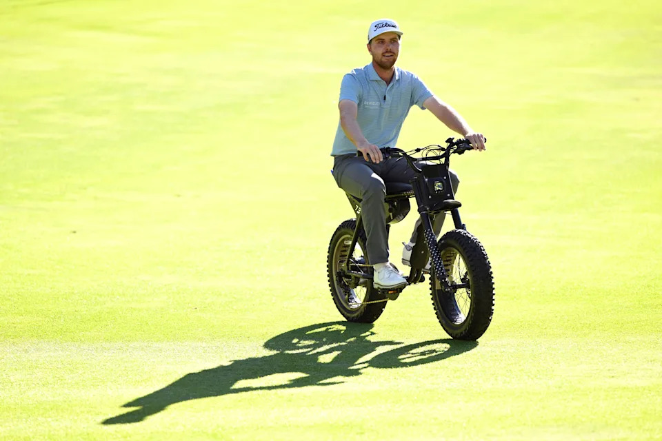 Ryan Gerard rides an E-bike awarded to him after winning the Barracuda Championship 2025 at Tahoe Mountain Club on July 20, 2025 in Truckee, California.
