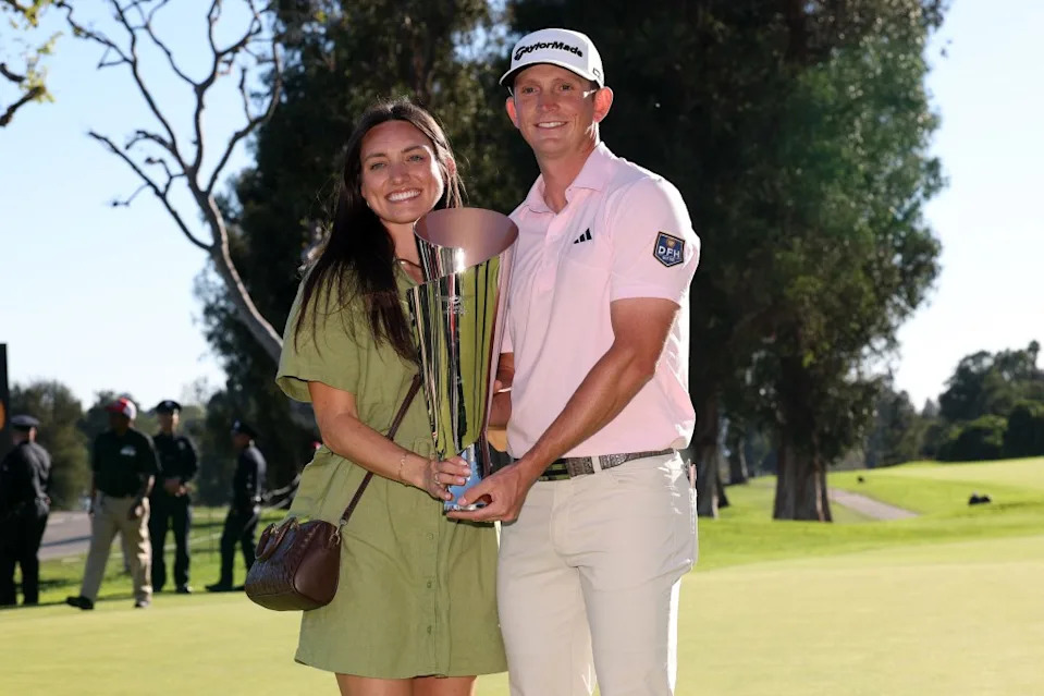 Jacob Bridgeman celebrates his first PGA Tour win with wife Haley. IMAGN IMAGES via Reuters Connect