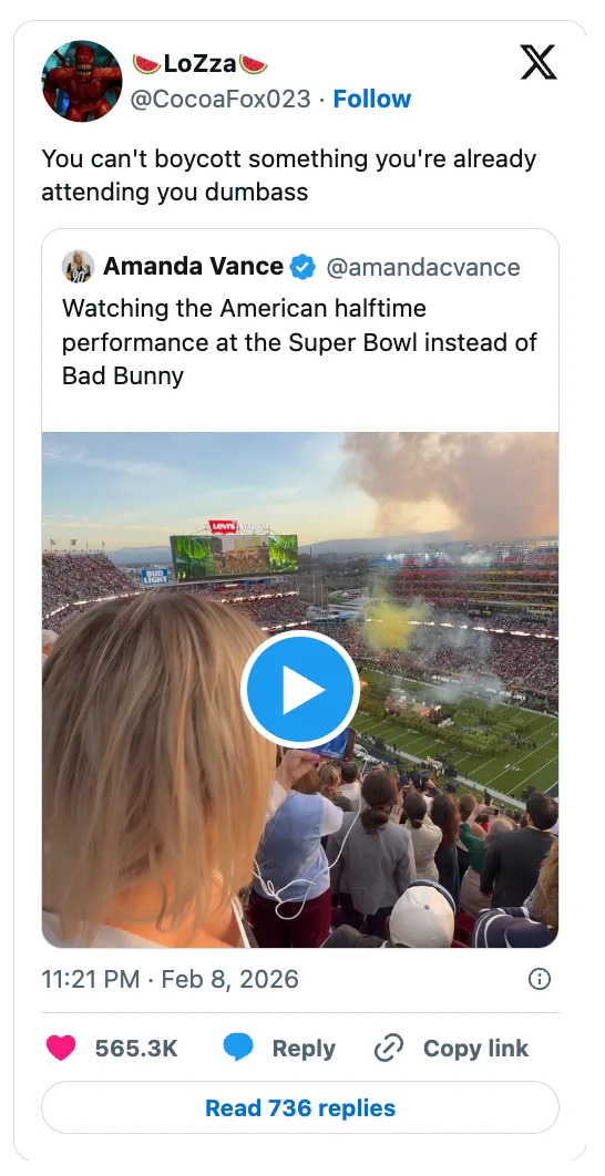 Screenshot of a tweet showing a person at a stadium with fireworks and a large crowd, referencing an American halftime show at the Super Bowl
