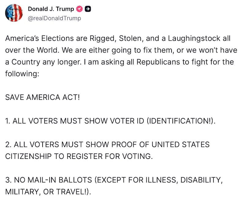 Donald Trump posts about his Save America Act on Truth Social.