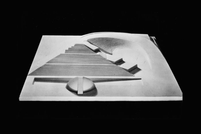 ’Play Mountain,’ 1933: Noguchi’s first big proposal for a public space was this playground, with bandshell, pool, and earthen spiral ramp with public rooms buried below. Intended for any square block, it was far too avant-garde for Robert Moses, who rejected it with a laugh.