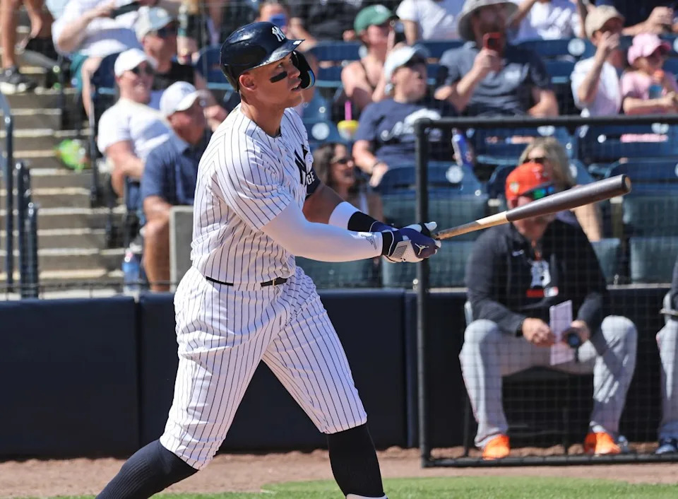 Aaron Judge belts a homer in the third inning, the first of his two long balls in the Yankees’ 20-3 spring training blowout win over the Tigers on Feb. 21, 2026. Charles Wenzelberg / New York Post