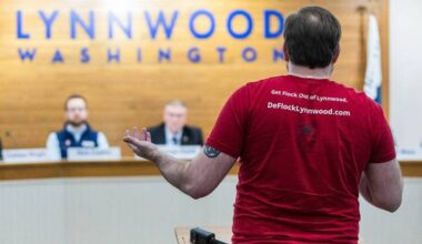 Quinn Van Order speaks to the Lynnwood City Council in opposition of the current Flock cameras before the council votes on their current contract with Flock on Monday, Feb. 23, 2026 in Lynnwood, Washington. (Olivia Vanni / The Herald)