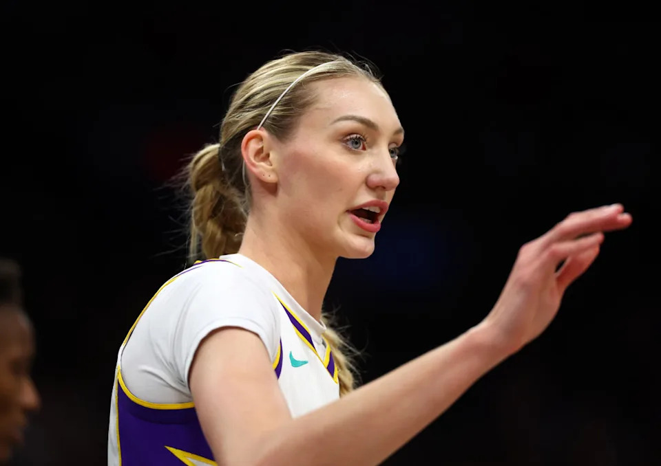 Sep 9, 2025; Phoenix, Arizona, USA; Los Angeles Sparks forward Cameron Brink (22) against the Phoenix Mercury during a WNBA game at PHX Arena. Mandatory Credit: Mark J. Rebilas-Imagn Images© Mark J. Rebilas-Imagn Images.
