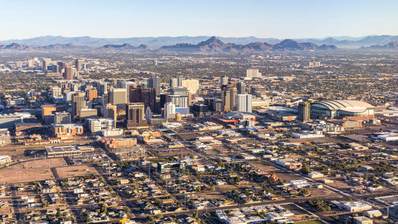 Aerial view of Phoenix, Arizona with the mountains as backdrop