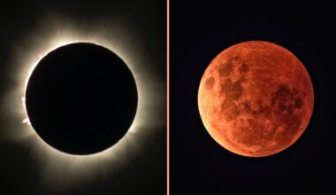 two panel image on the left is a total sola eclipse whereby a black orb is surrounded by a halo of white light, in the right image is a close up view of a blood red moon during a total lunar eclipse.