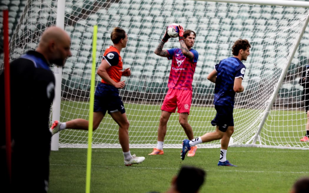 Auckland FC goalkeeper Oli Sail (with the ball) during training at North Harbour Stadium